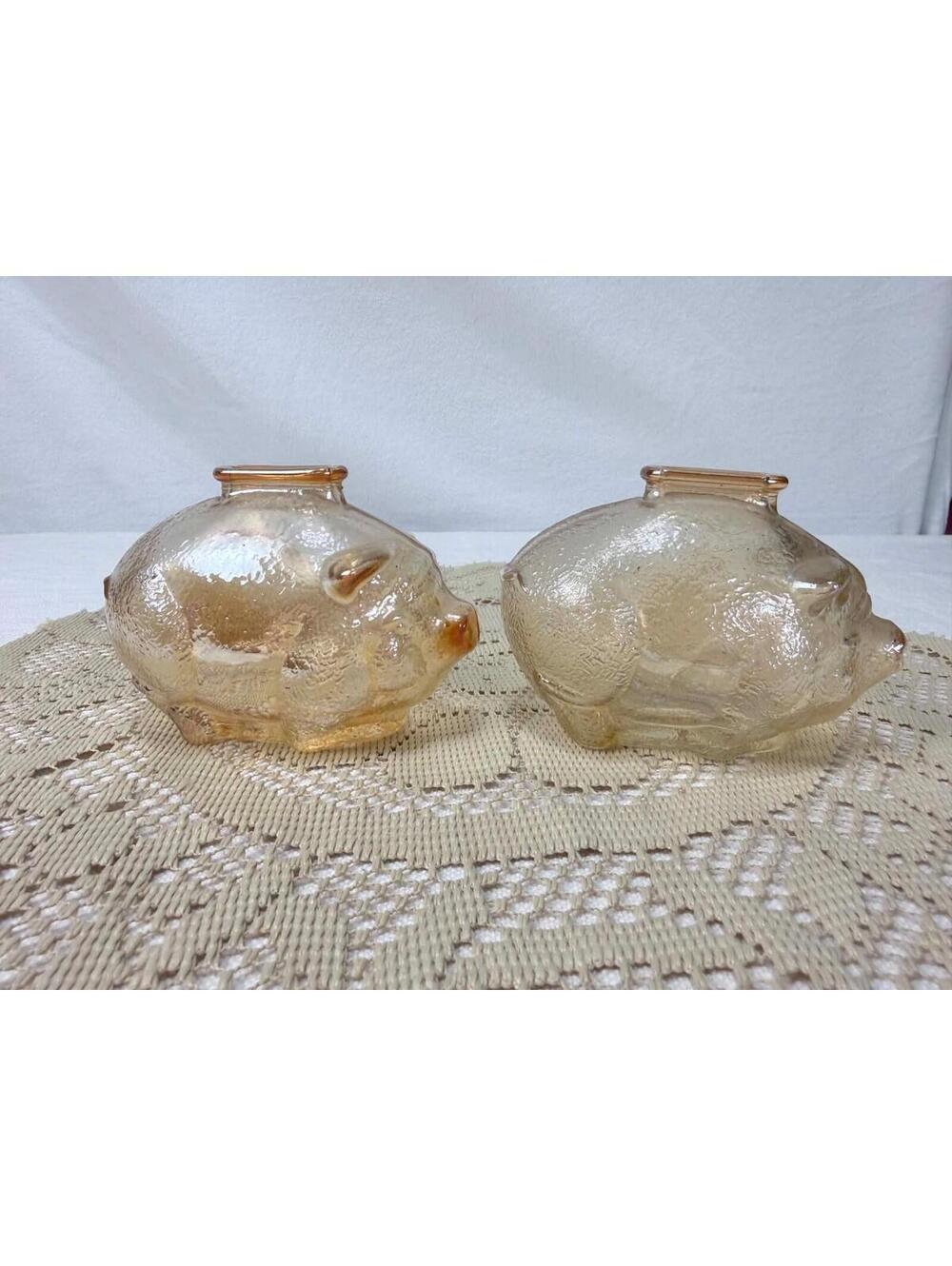 Vintage Marigold Carnival Glass Pig Piggy Bank Set Iridescent Glass